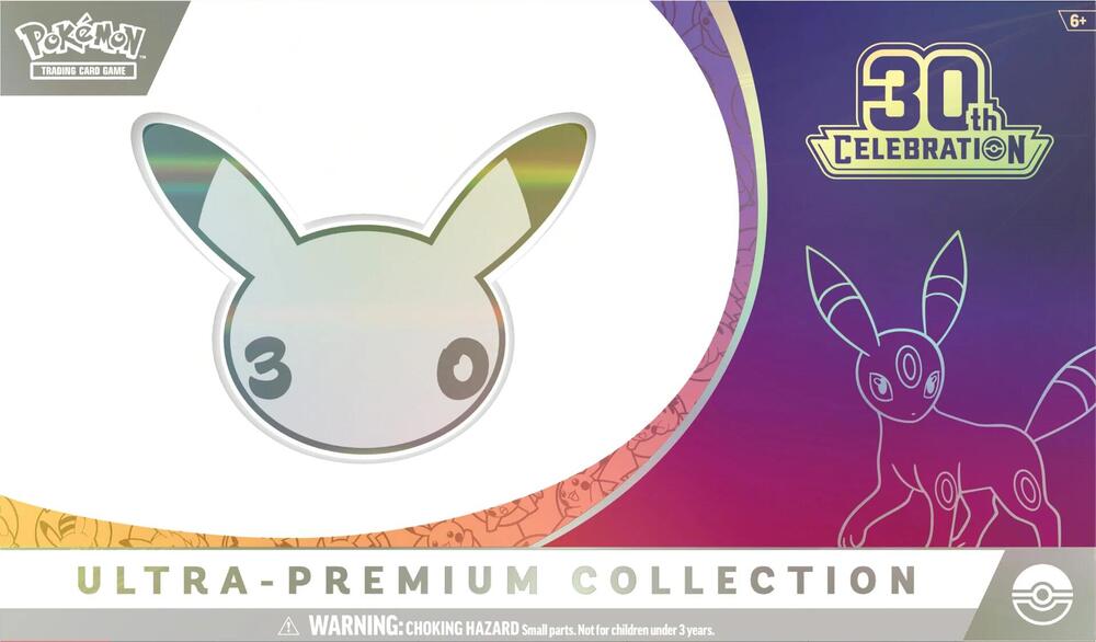 Contents of the Pokémon TCG 30th Celebration Ultra-Premium Collection Night: Umbreon ex and night-themed Pikachu ex promos, playmat, deck box, sleeves, metal coin, dice and 30 booster packs