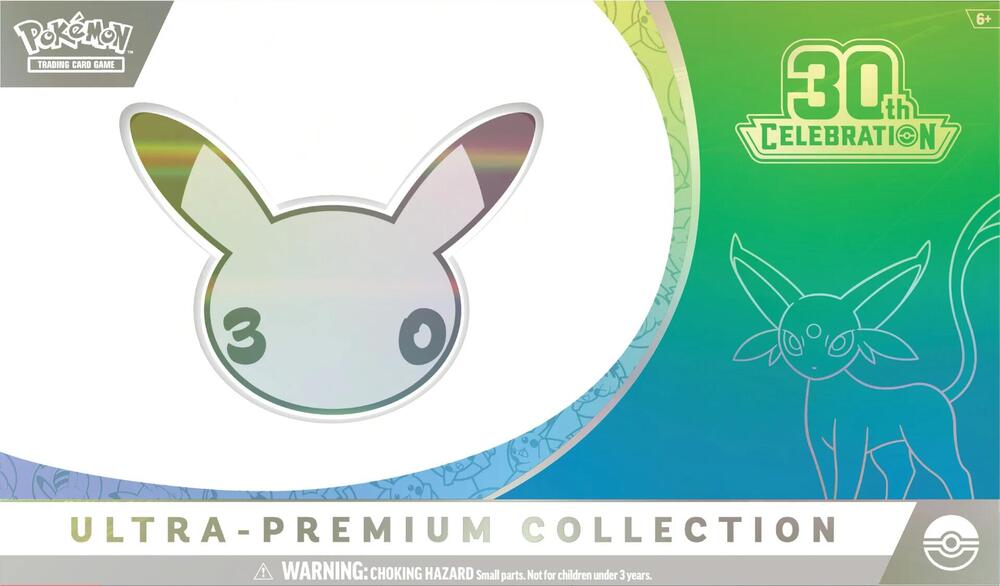 Contents of the Pokémon TCG 30th Celebration Ultra-Premium Collection Day: Espeon ex and day-themed Pikachu ex promos, playmat, deck box, sleeves, metal coin, dice and 30 booster packs