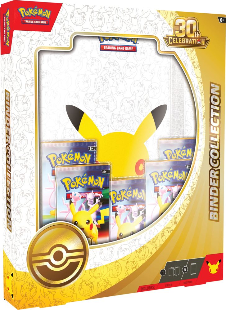 Sealed Pokémon TCG 30th Celebration Binder Collection with the gold 30th Celebration binder and five booster packs