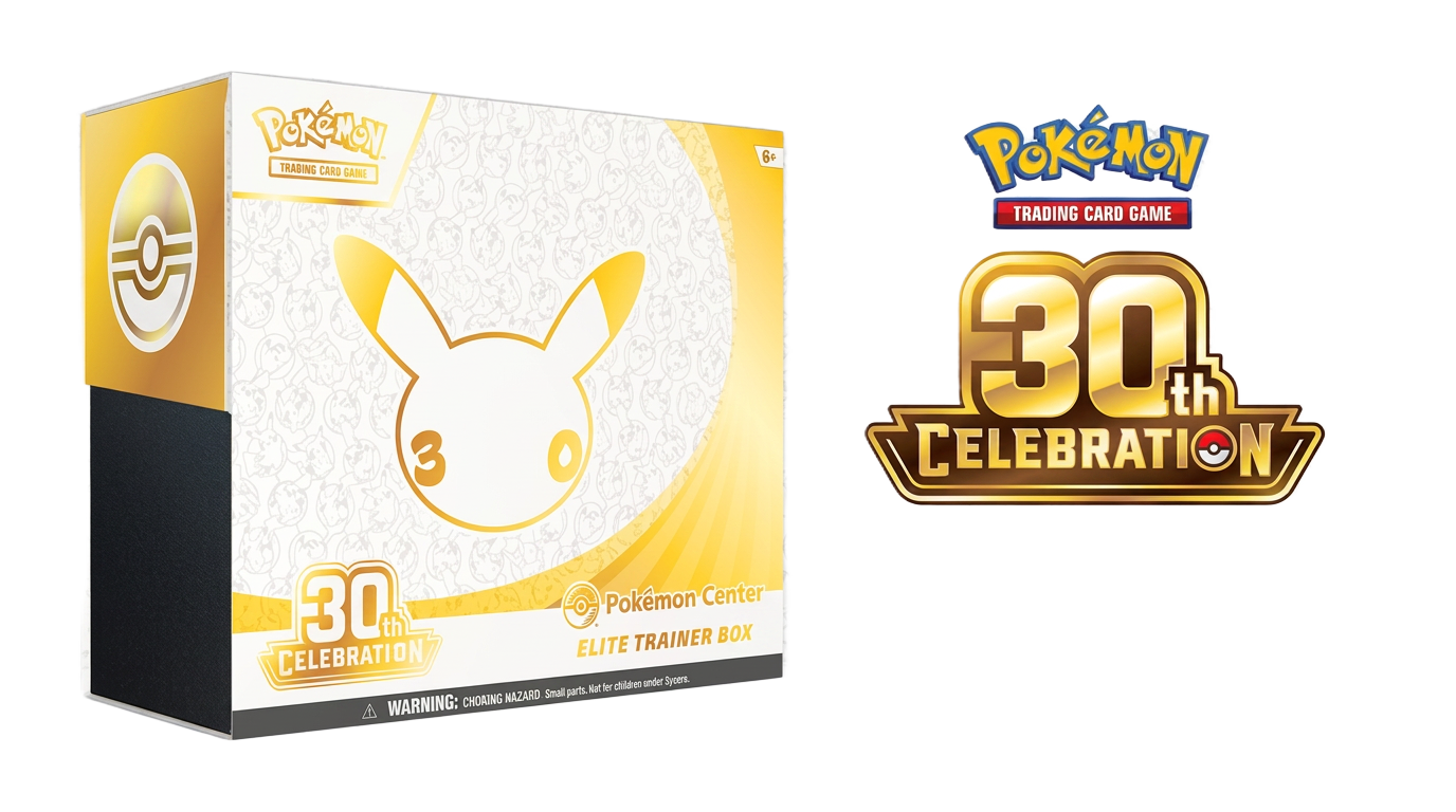 Sealed Pokémon TCG 30th Celebration Pokémon Center Elite Trainer Box beside the 30th Celebration logo
