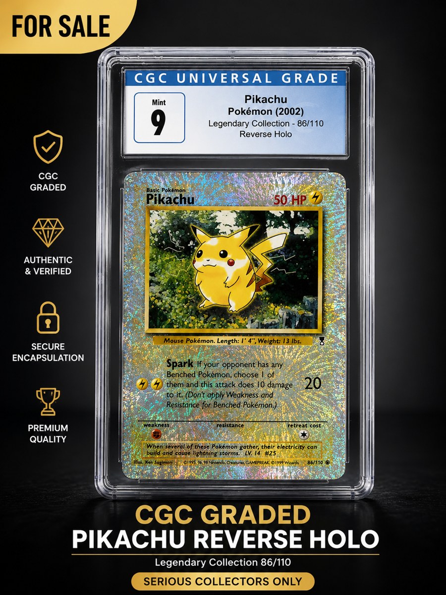 2002 Pokemon Legendary Collection Pikachu Reverse Holo Cracked Ice CGC 9 Mint 86/110 — exact CGC 9 slab photographed by BlackJadedWolf